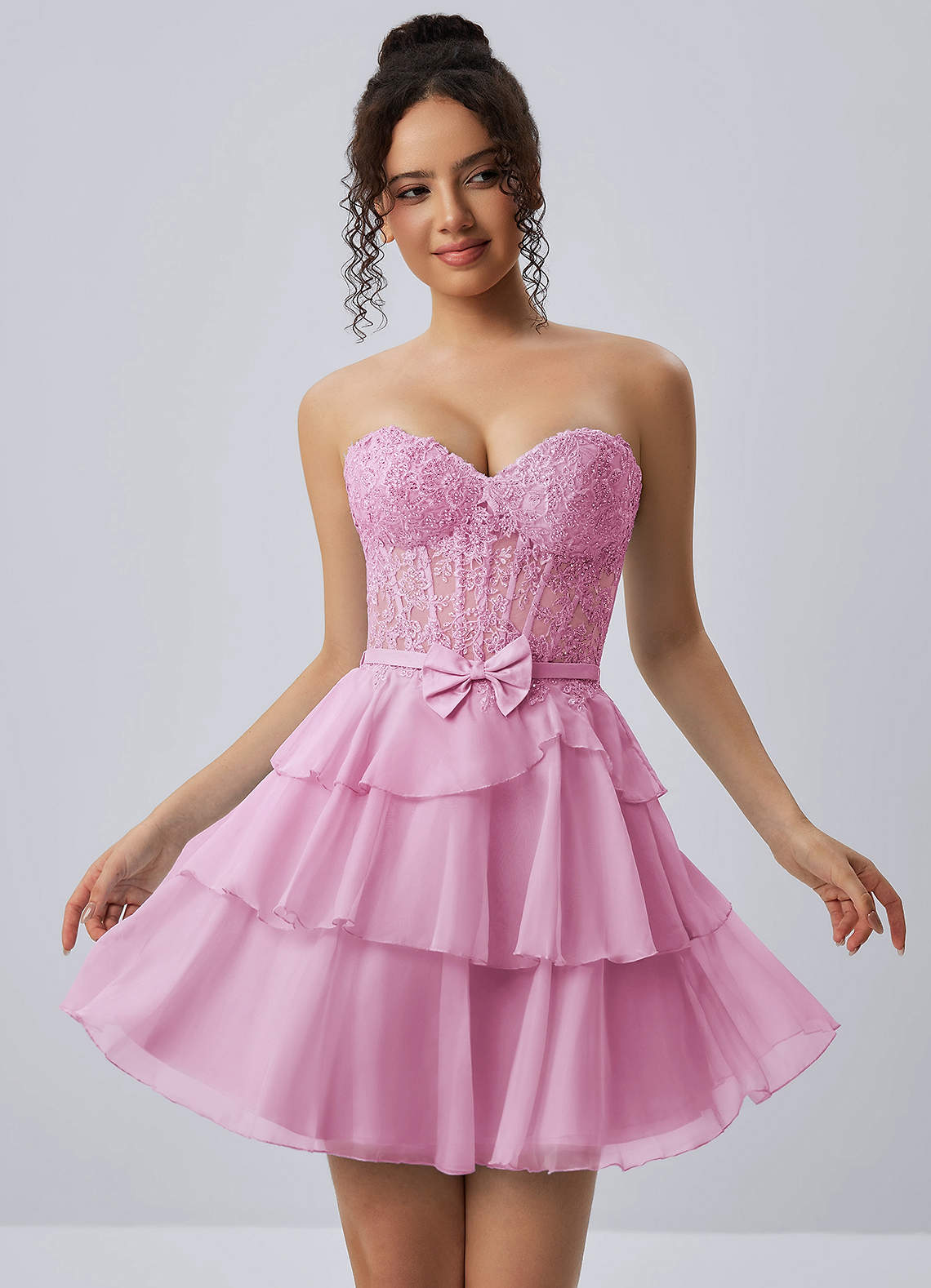 Aurelianna Pink Lace Rhinestone Ruffles Chiffon Corset Mini Dress