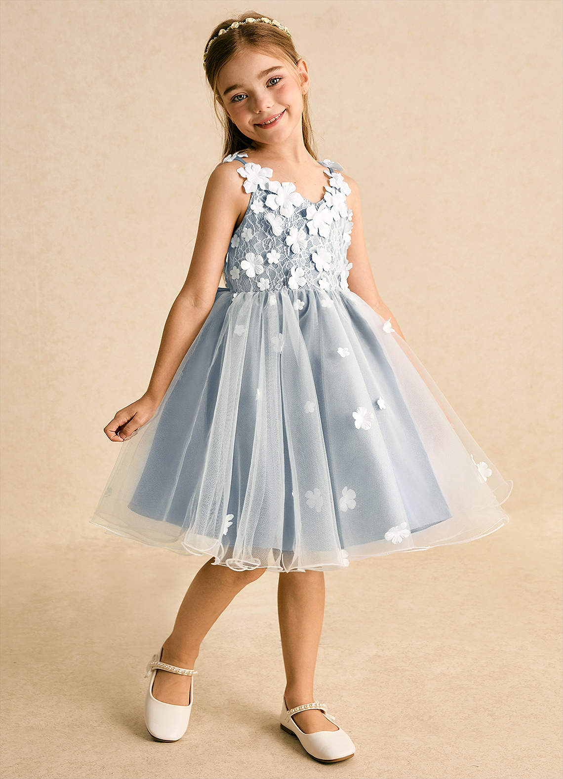 Azazie Junebug Flower Girl Dresses Ivory Dusty Blue Ball-Gown Lace Tulle Dress image1
