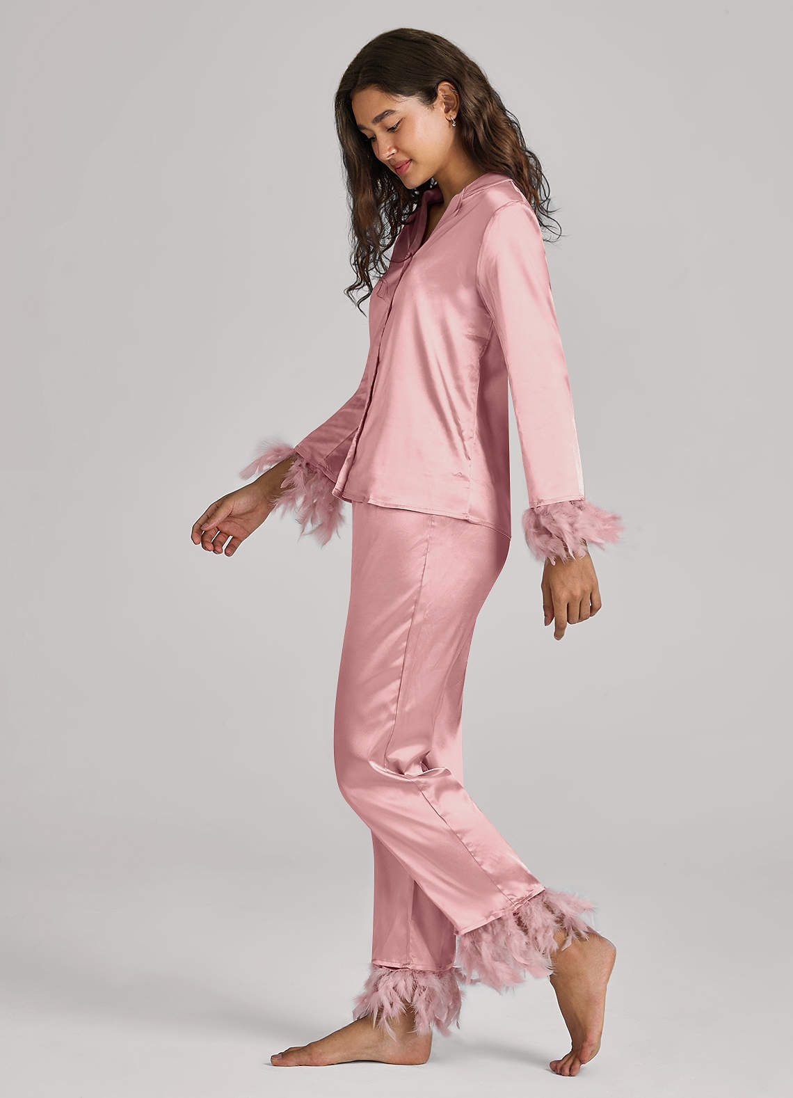 front Matching Color Satin Feathered Pajamas