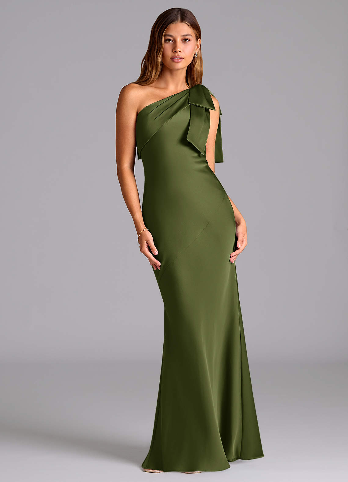 Azazie Yuanna Bridesmaid Dresses Olive Mermaid One Shoulder Stretch Satin Dress image1