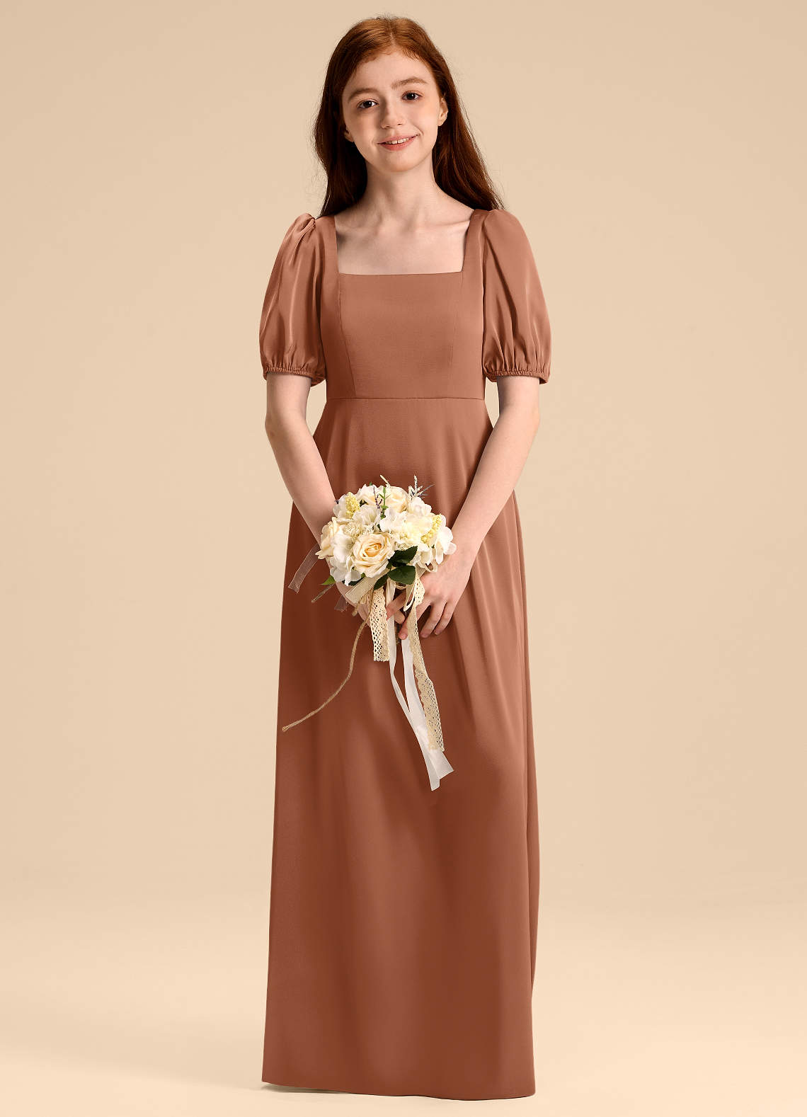 Azazie Briar Junior A라인 절하다 스트레치 새틴 플로어 길이 주니어 신부 들러리 드레스 image1