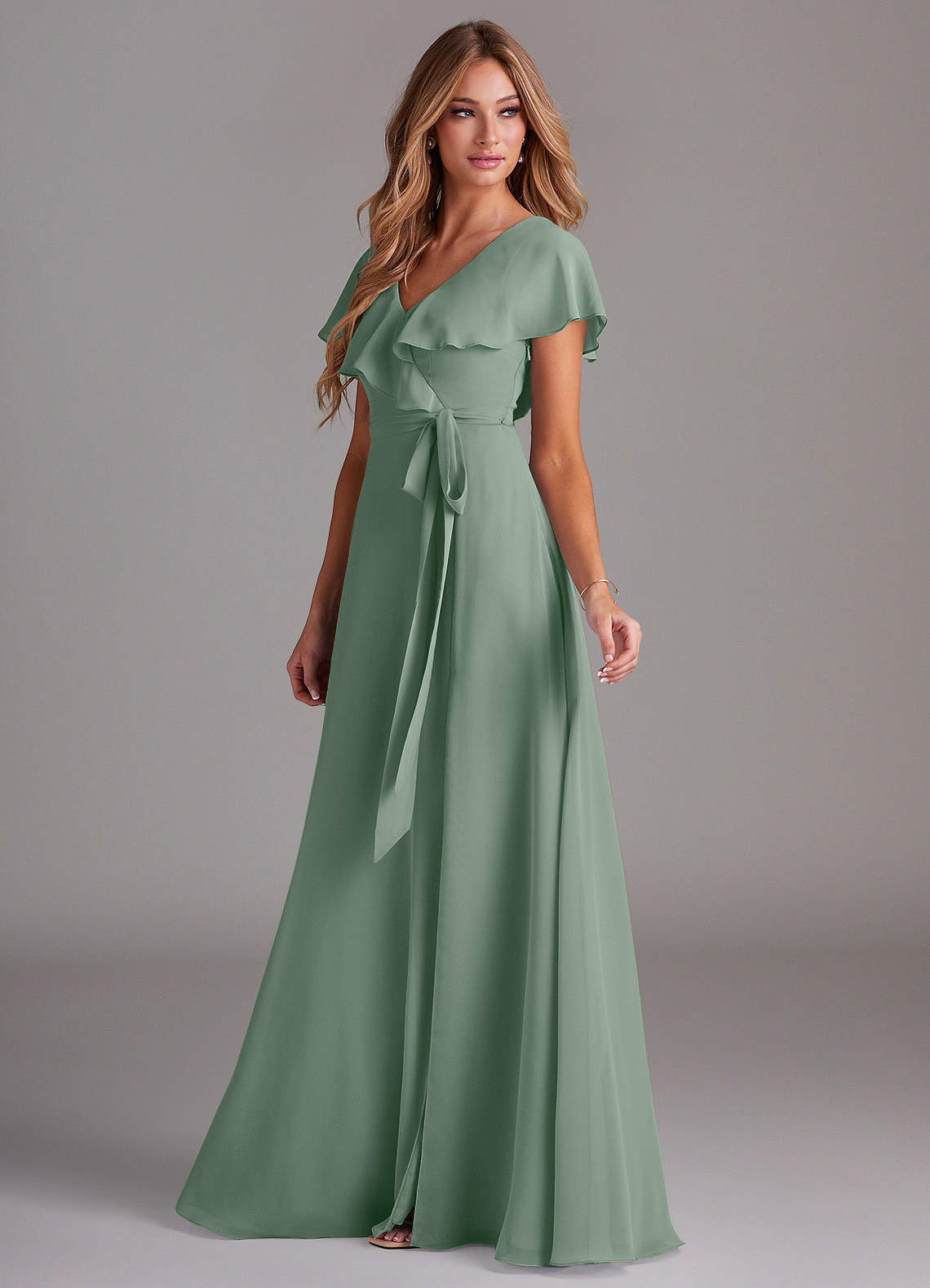 Azazie Lainey Silver Sage Chiffon Bridesmaid Dresses | Azazie