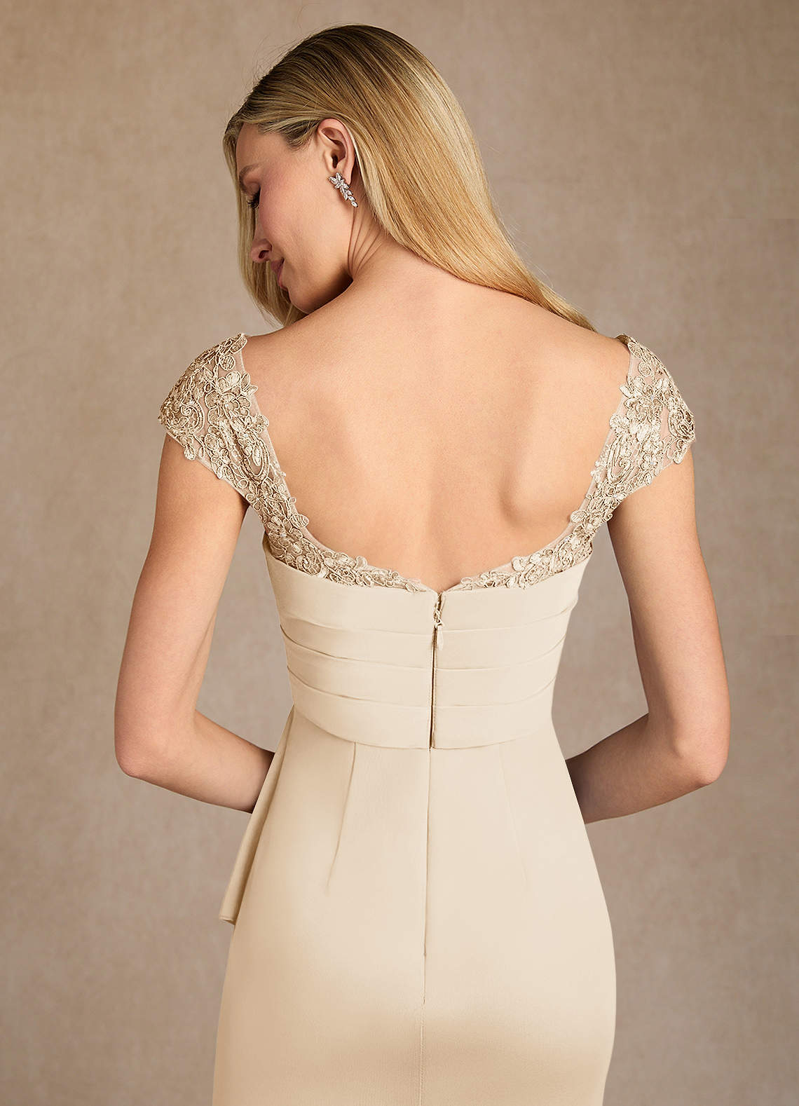 Azazie Belfast Champagne Sheath Lace Mesh Dress Ready to Ship | Azazie