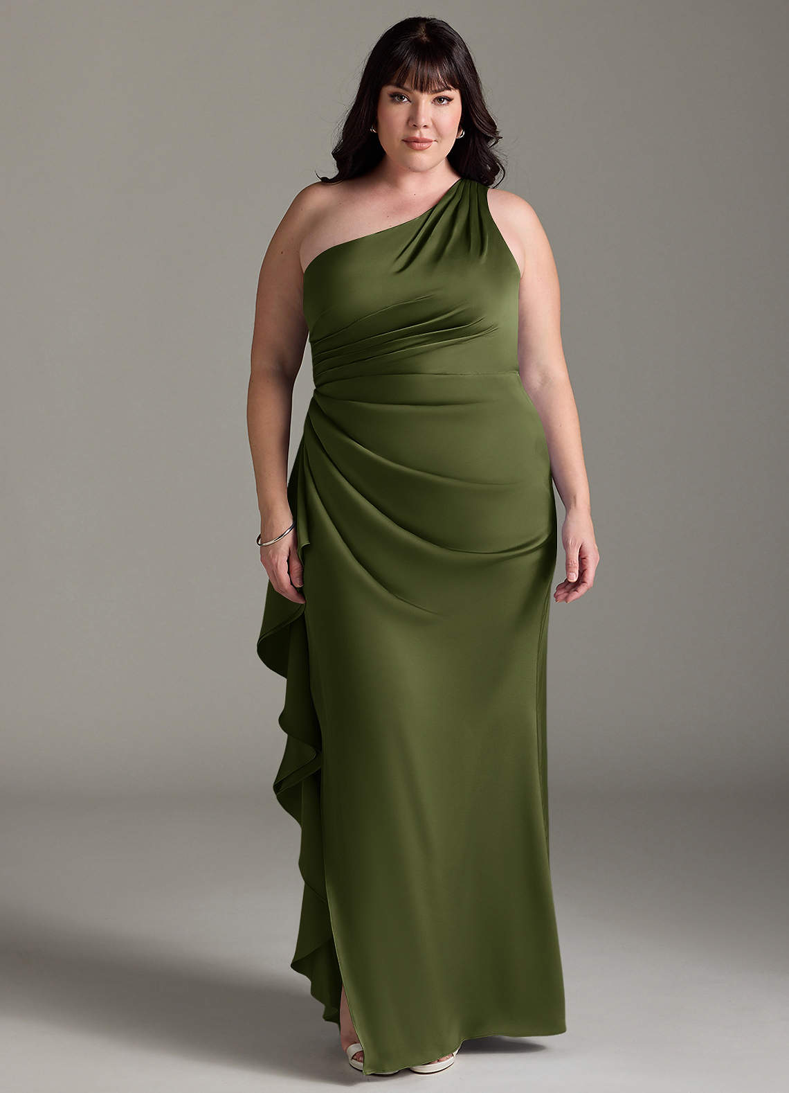 Azazie Latrice Bridesmaid Dresses Olive Sheath One Shoulder Cascading Ruffles Stretch Satin Dress image1