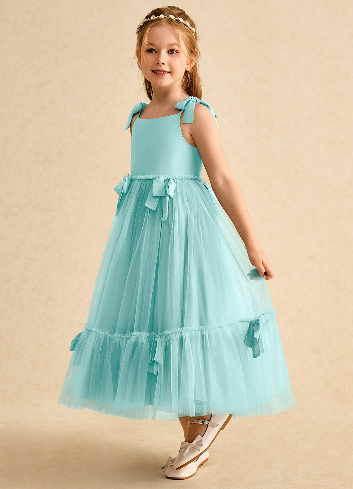 Azazie Jaci Robe Demoiselle D'honneur Fillette Robe Trapèze en Mousseline de soie Bretelle Spaghetti Aqua image1