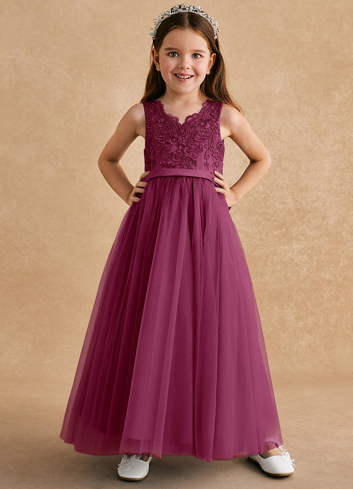 Azazie Cinna Blumenmädchenkleider A-Linie Spitze Tüll Kleid Maulbeerrot image1