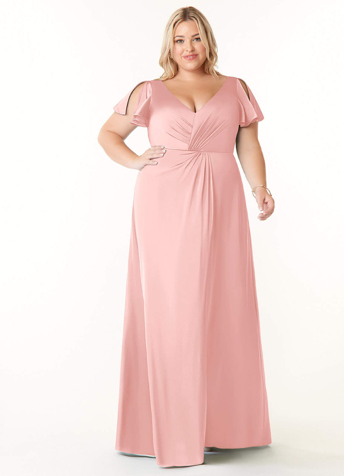 Azazie Soren Bridesmaid Dresses Powder Pink A-Line Pleated Stretch Satin Dress image1