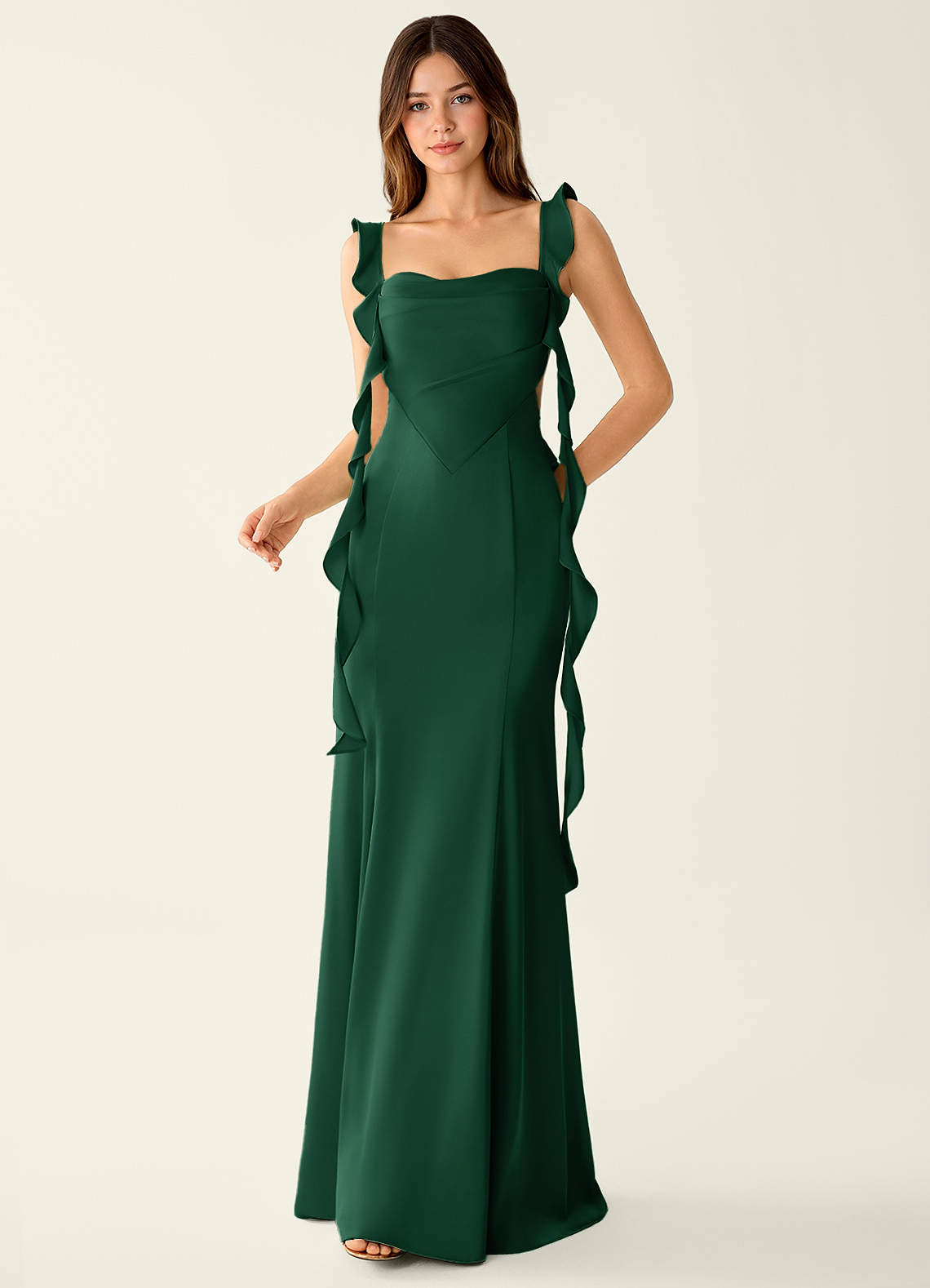 emerald green dress make up Romance Ruffle Dress, in Moss Green Luxe Satin, Size: Medium | Show Me Your Mumu main image 1