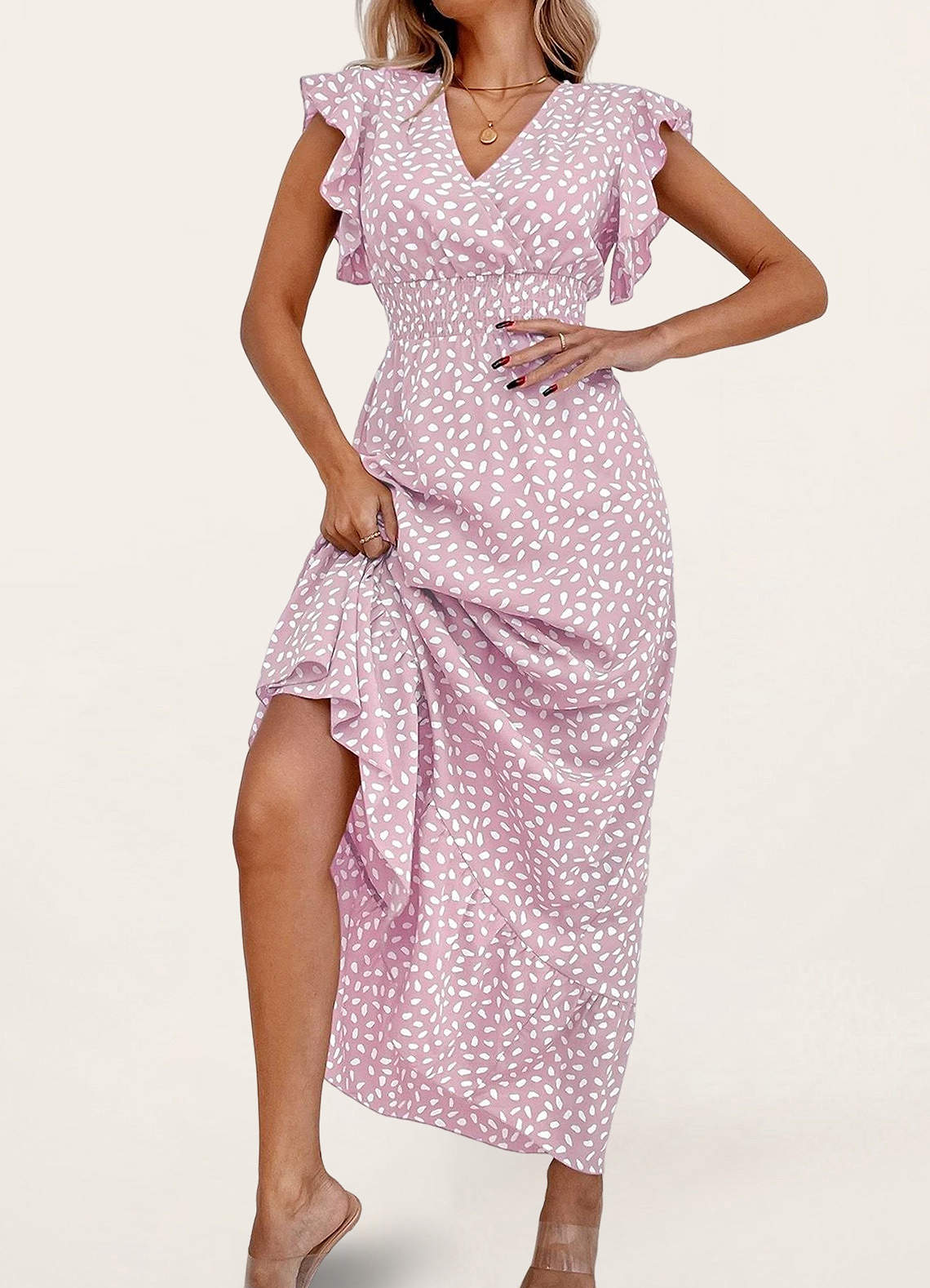 Hola cariño Blushing Pink Vestido largo estampado con manga alborotada  Vestidos | Azazie