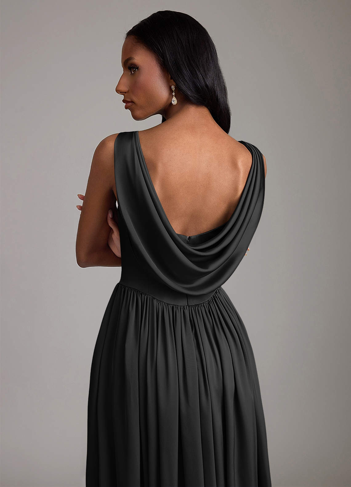 Azazie Novi Bridesmaid Dresses Black A-Line with Pockets Stretch Satin Dress image3