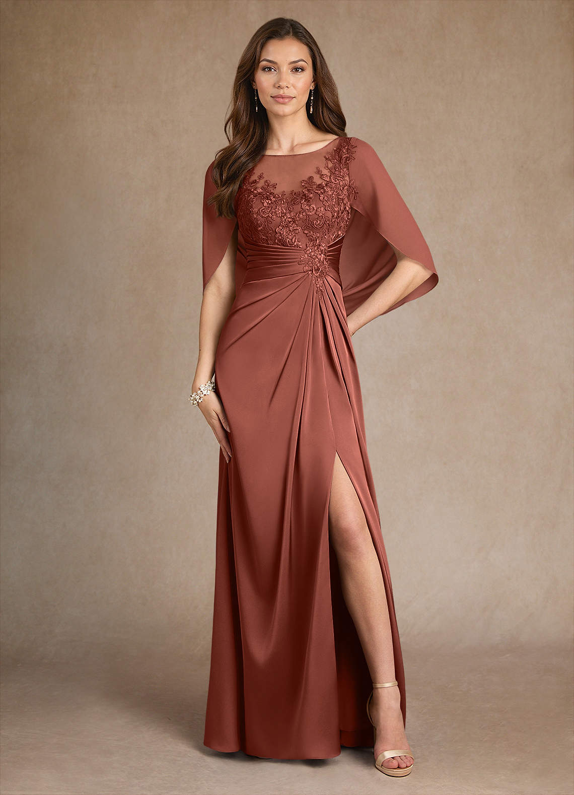 Azazie Hera Mother of the Bride Dresses Auburn A-Line Lace Stretch Satin Dress image1