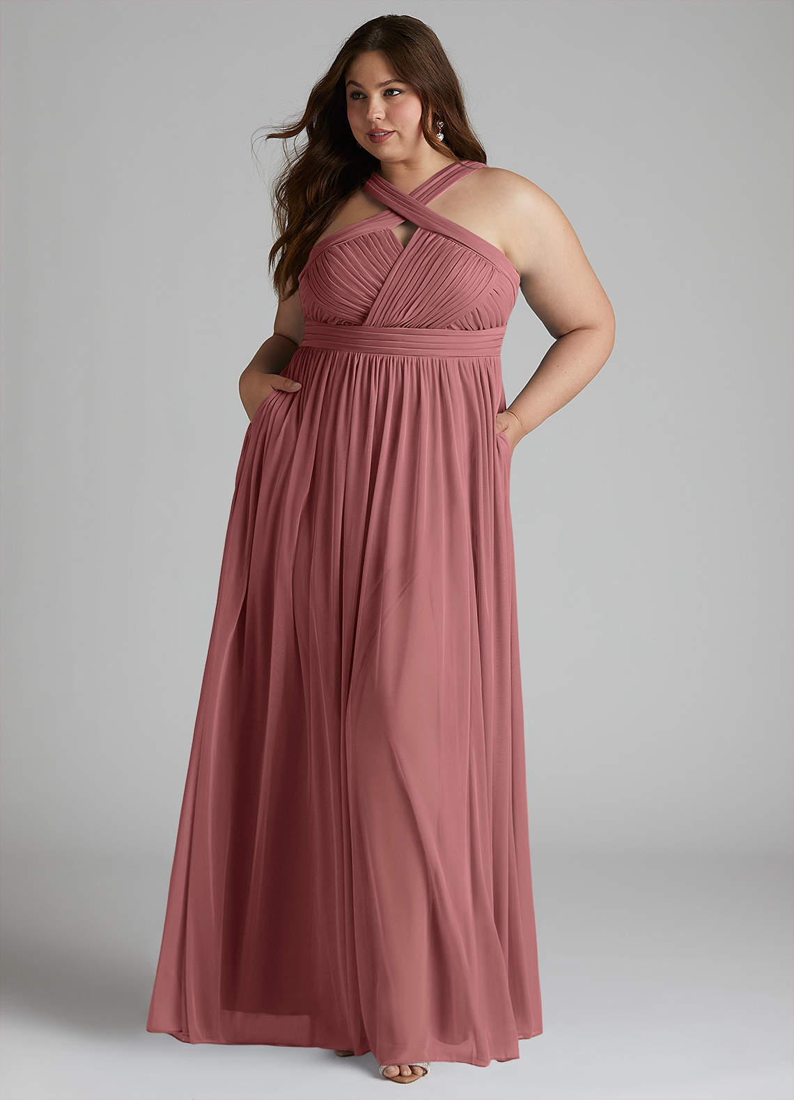 Azazie Hillian Bridesmaid Dresses Desert Rose A-Line Halter Pleated Mesh Dress image1