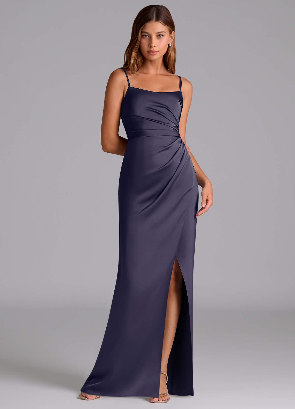 Azazie Calandra Suknie dla druhen Linia A Pofałdowany Satyna elastyczna Do ziemi Sukienka image1