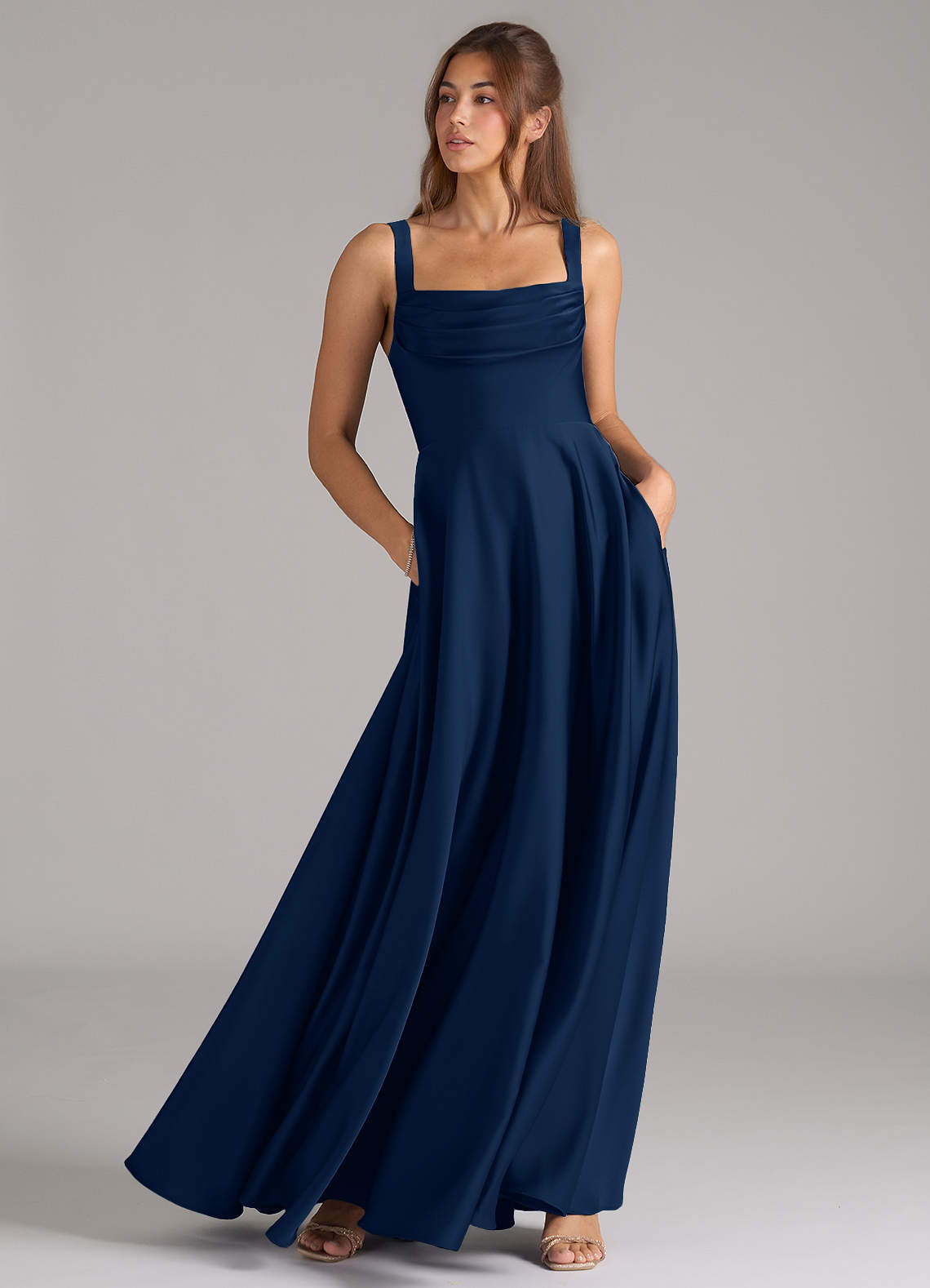 Azazie Shaude Bridesmaid Dresses Dark Navy A-Line Pleated Stretch Satin Dress image2