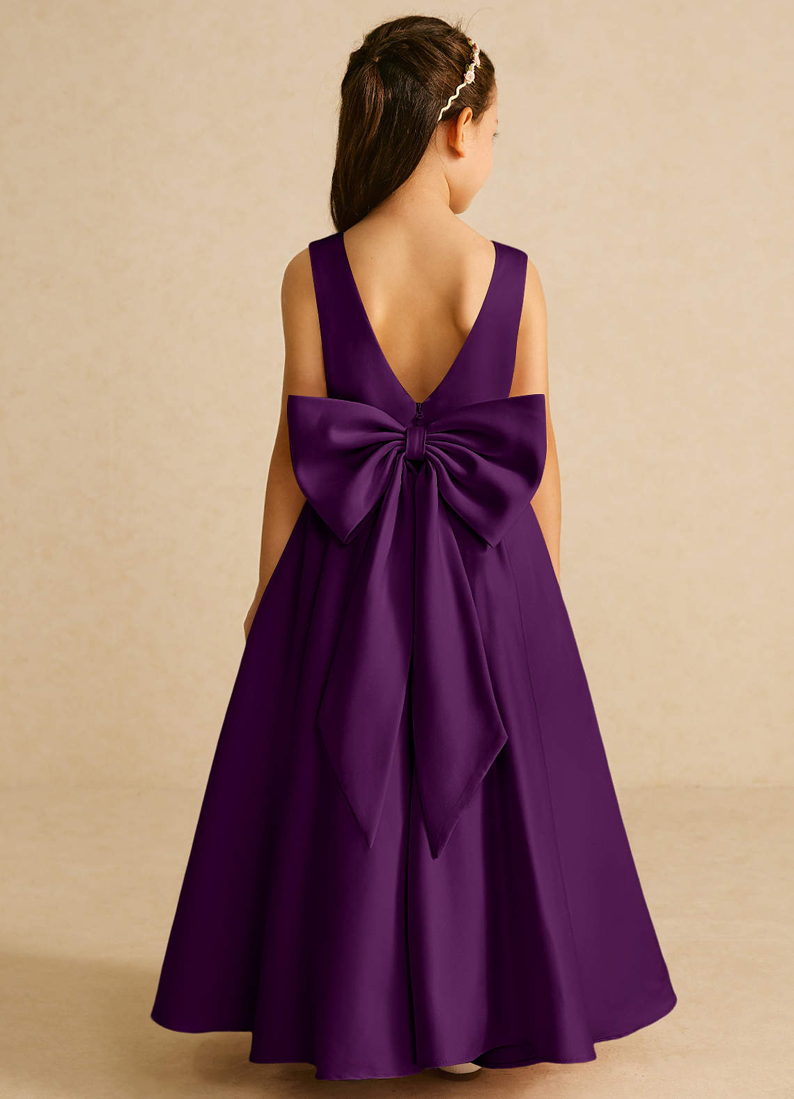 Azazie Pipsy Flower Girl Dresses Grape A-Line Bow Matte Satin Dress image1