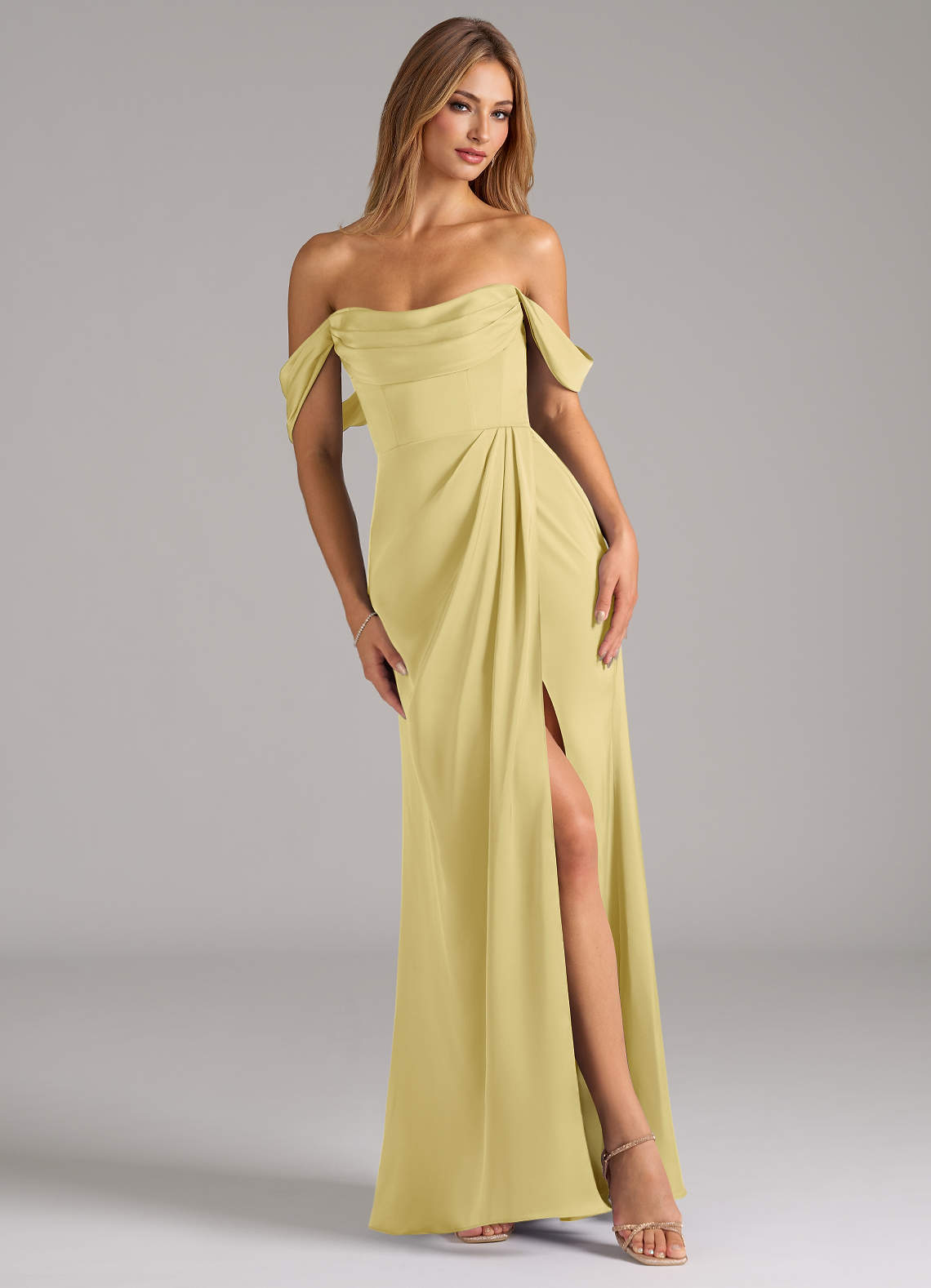 Azazie Johana Vestidos de damas de honor Vestido de Sorbete De Limón de Satén Elástico de Corte Sirena Convertible con Vestidos sin tirantes image1