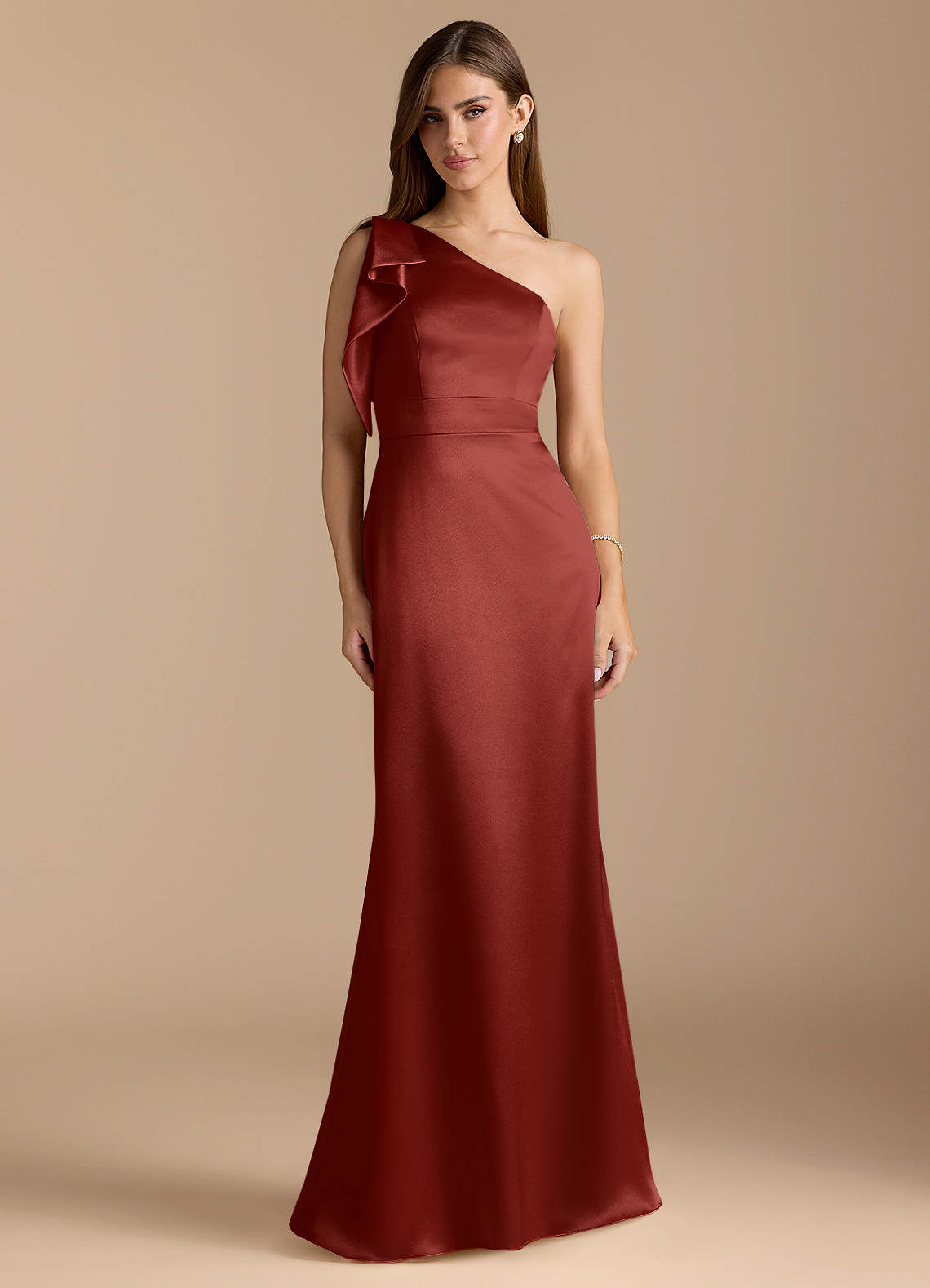 Azazie Rinna Bridesmaid Dresses Terracotta Mermaid Ruched Metallic Satin Dress image1