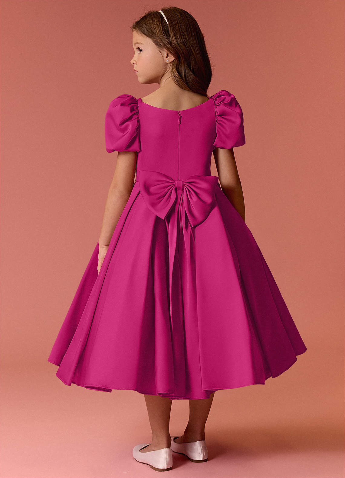Barbie ♥ Azazie Flower Girl Dresses Puff Sleeve Bow Box Pleat Stretch Satin Dress image1
