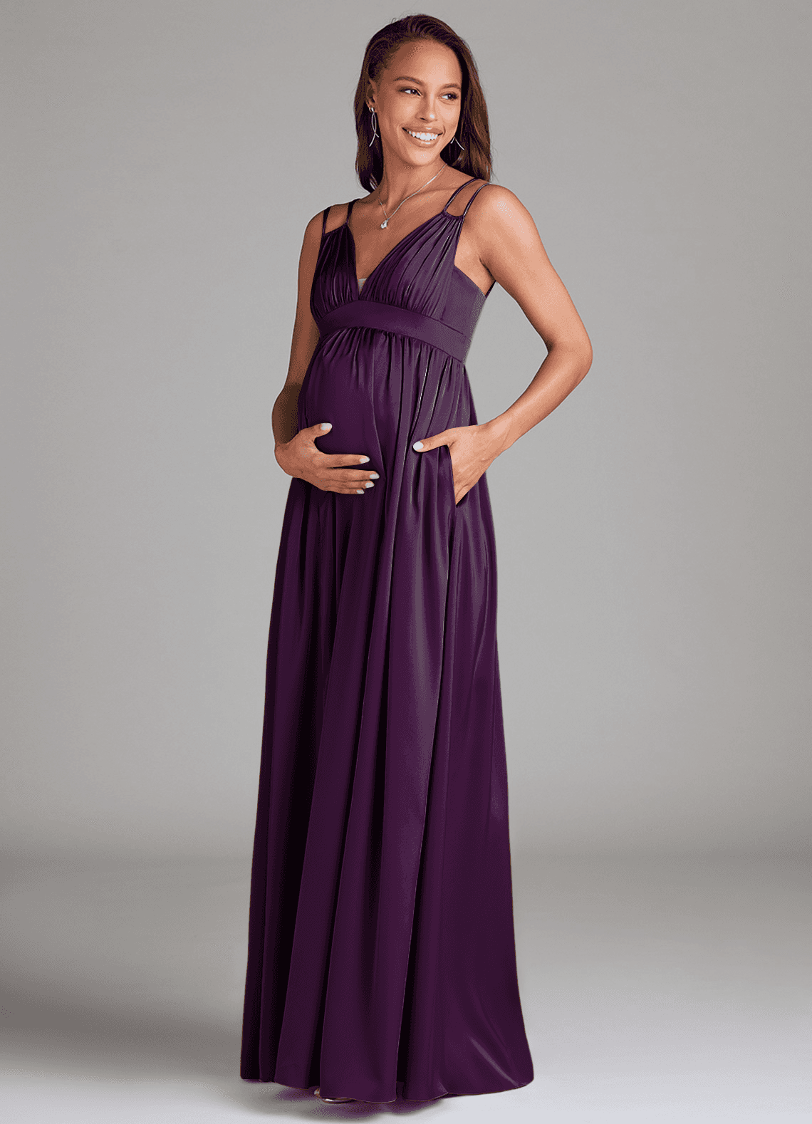 Azazie Emree Maternity Bridesmaid Dresses A-Line Stretch Satin Floor-Length Dress with Pockets image2
