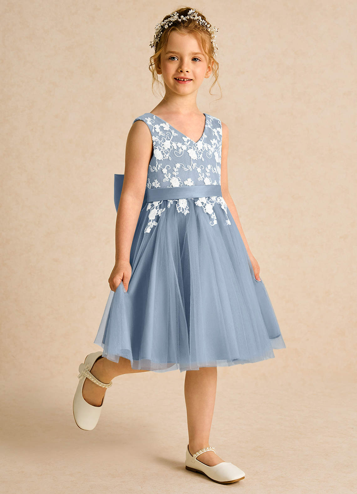 Azazie Butterfly Flower Girl Dresses Dusty Blue A-Line Lace Dress image2