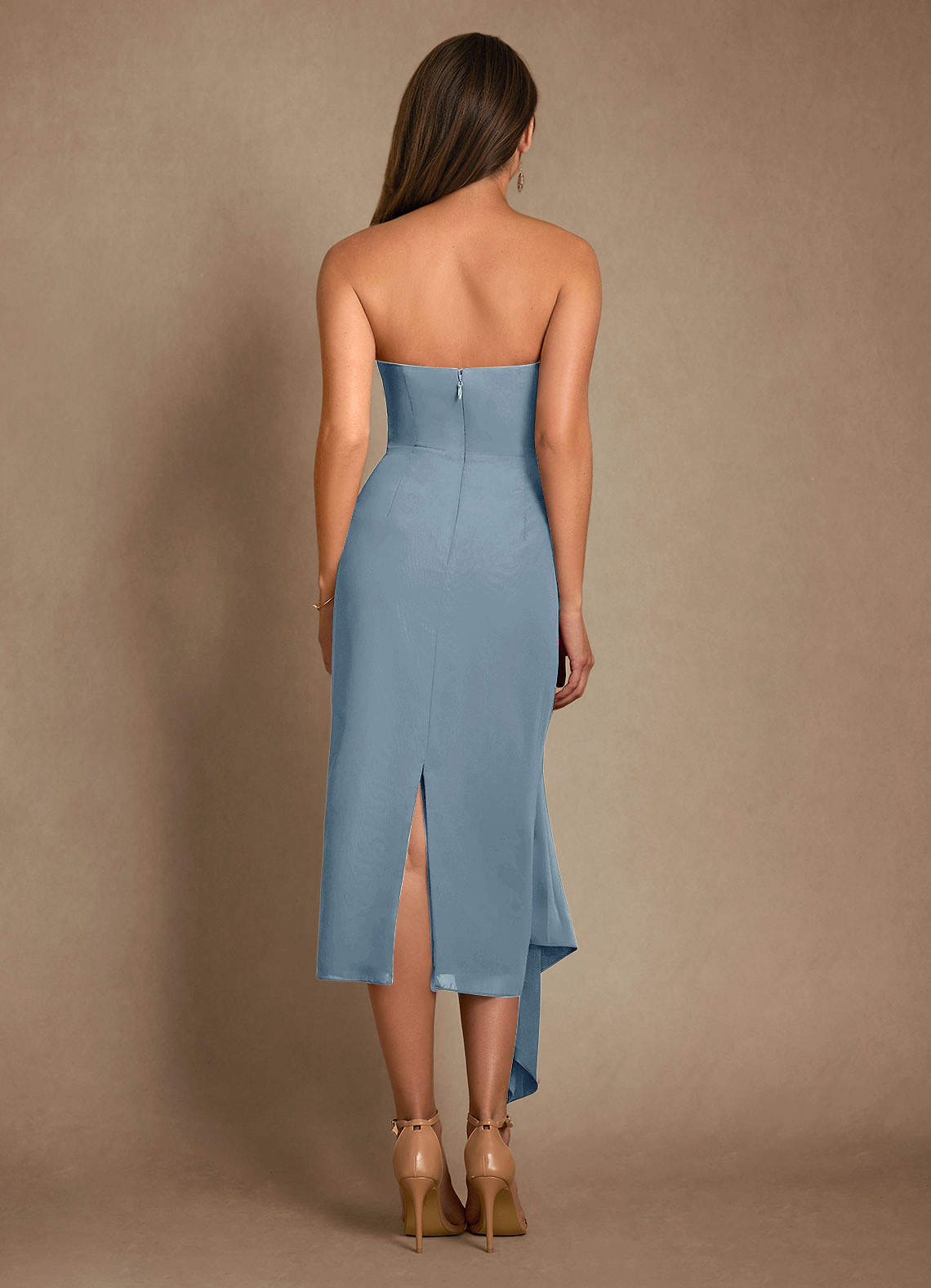 Azazie Dinanta vestidos de madre de la novia Vestido de Azul Polvoriento de Gasa de Columna con Plisado image2