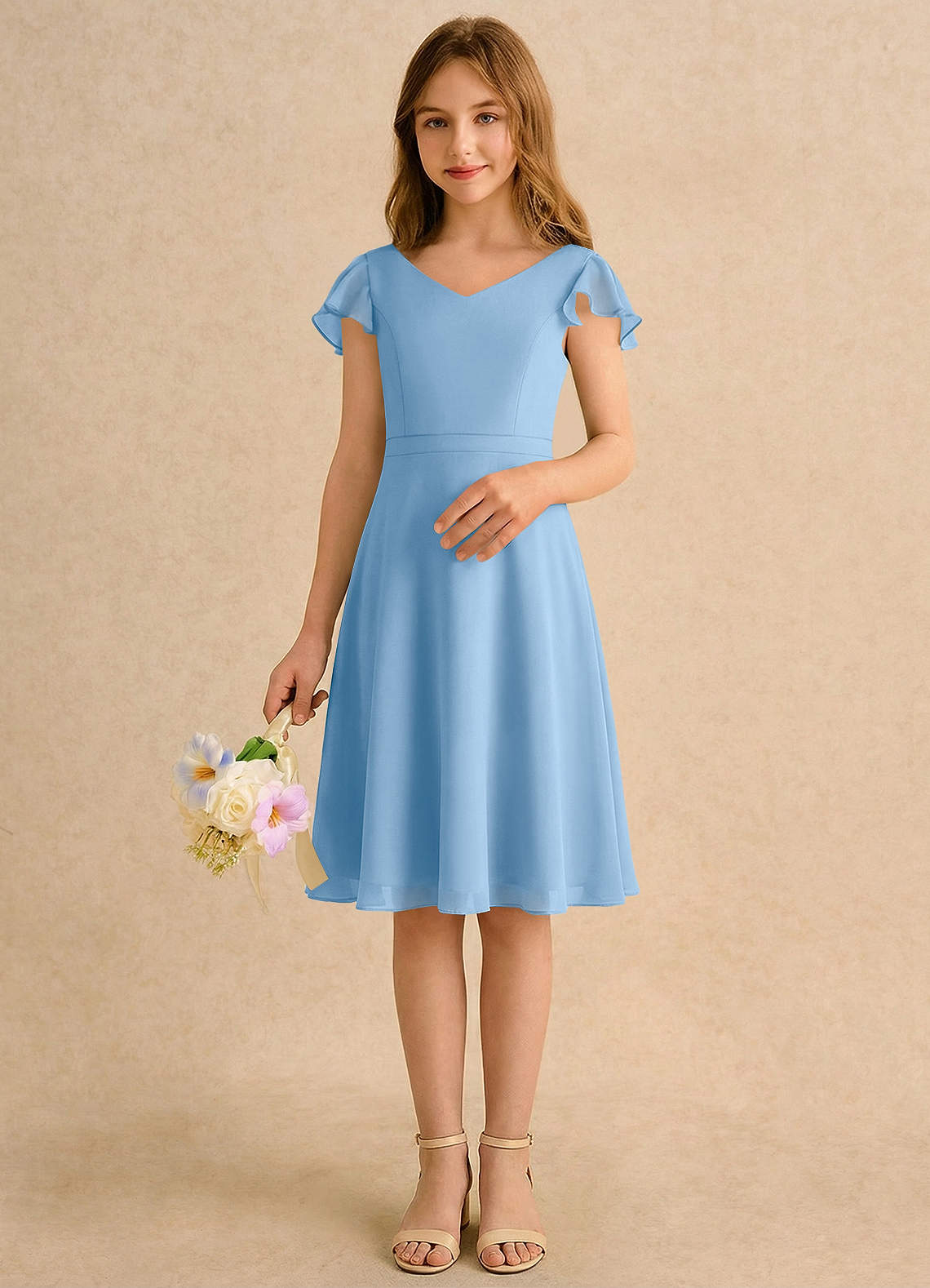 Azazie Narin Girls Formal Flower Girl Dresses Powder Blue A-Line with Sleeves Chiffon Dress image2
