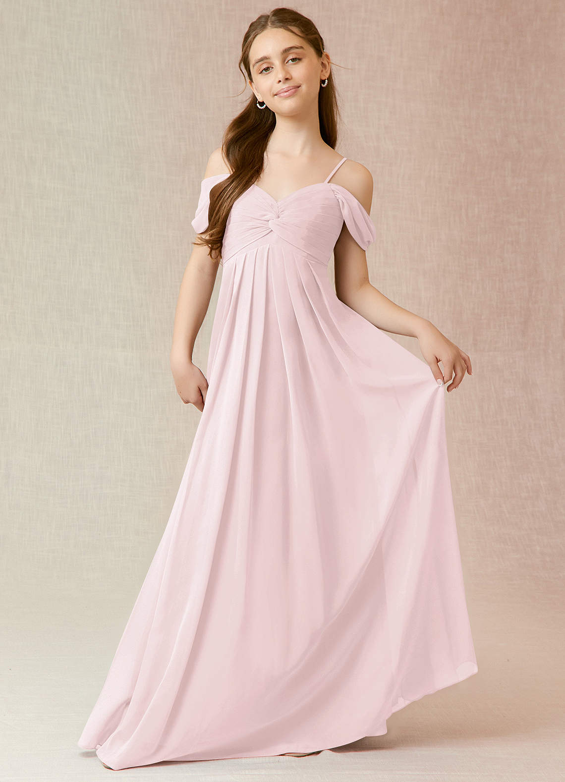 Azazie Kaitlynn Junior Blushing Pink A-Line Off the Shoulder Chiffon Dress image3