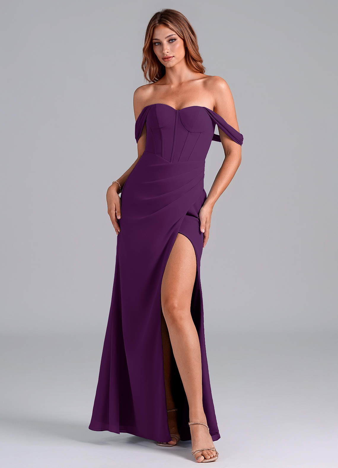 Azazie Asha Bridesmaid Dresses Grape Sheath Off the Shoulder Chiffon Convertible Dress image1