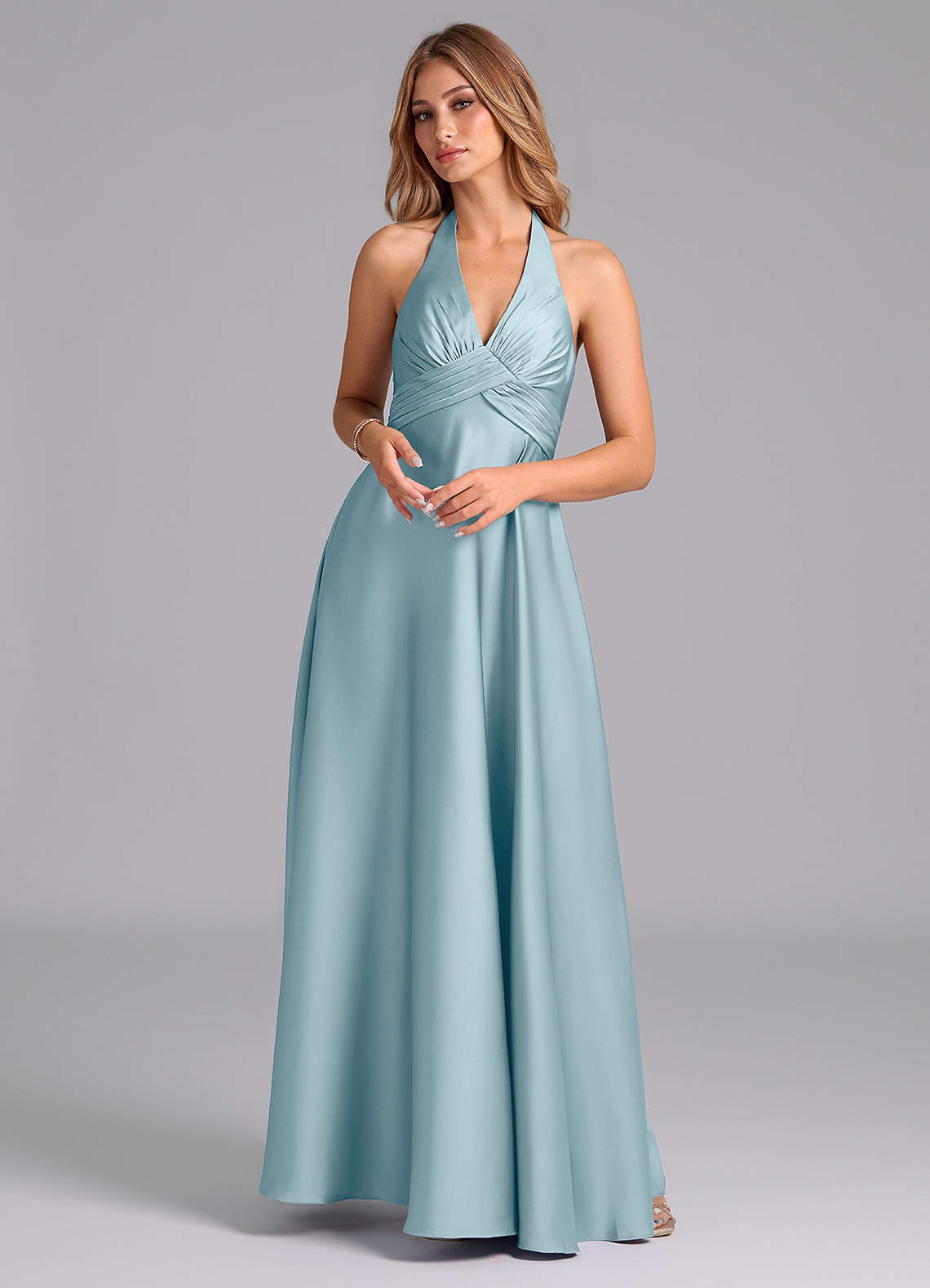 Azazie Tessie Bridesmaid Dresses Moody Blue A-Line Pleated Stretch Satin Dress image1