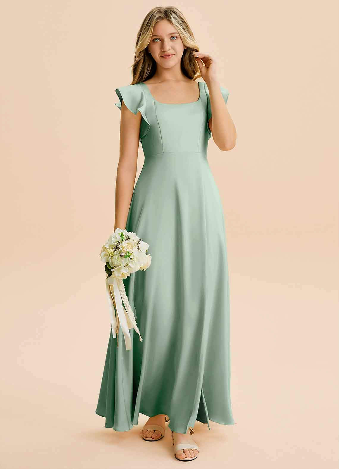 Azazie Bondi Junior Agave A-Line Side Slit Stretch Satin Dress image3