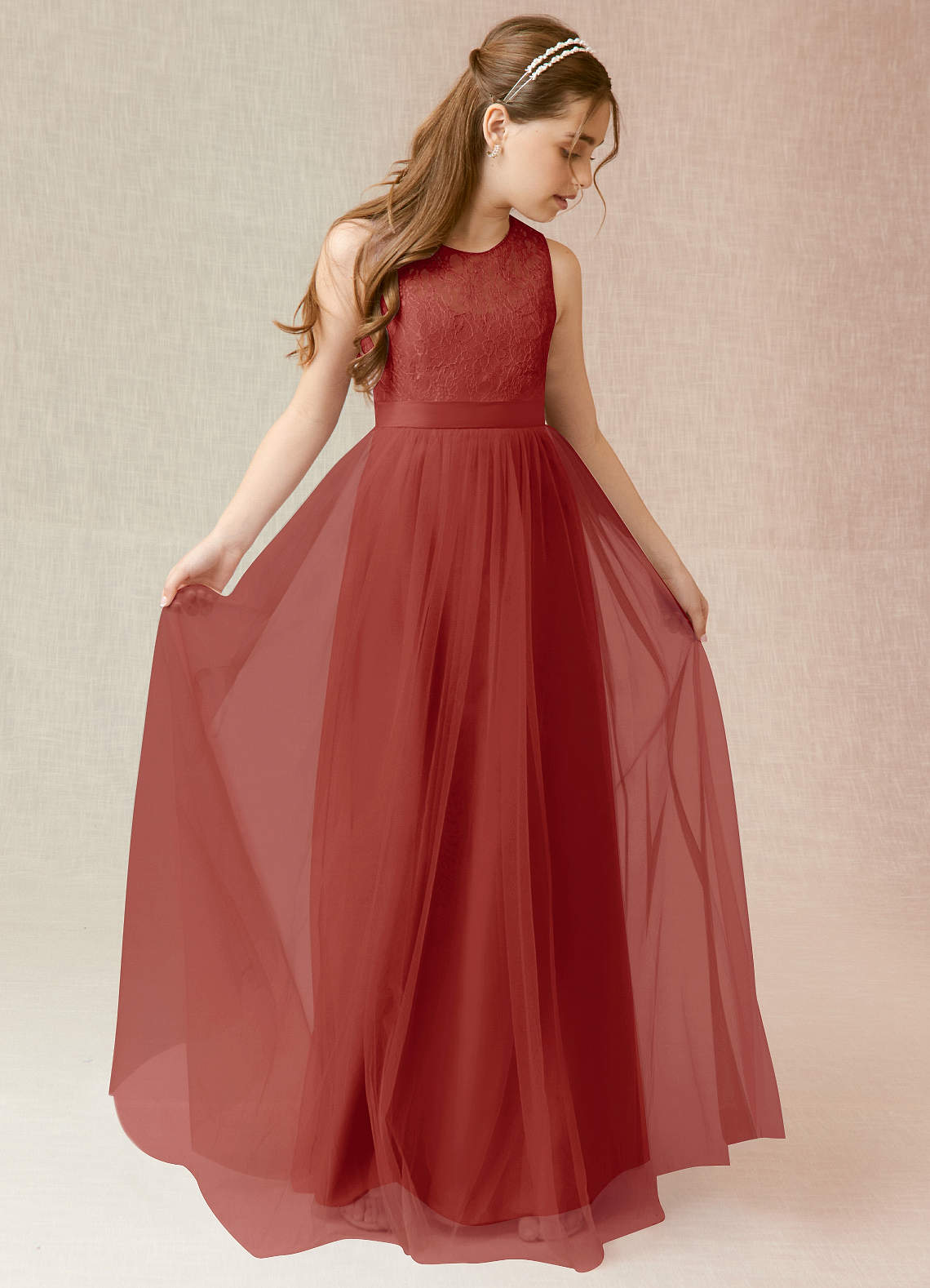 Azazie Georgette Junior Terracotta A-Line Lace Tulle Dress image1