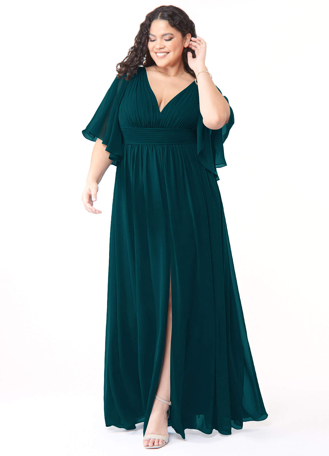 Azazie Temeka Robes de demoiselle d'honneur Robe Trapèze en Mousseline de soie Drapé Vert Pin image1