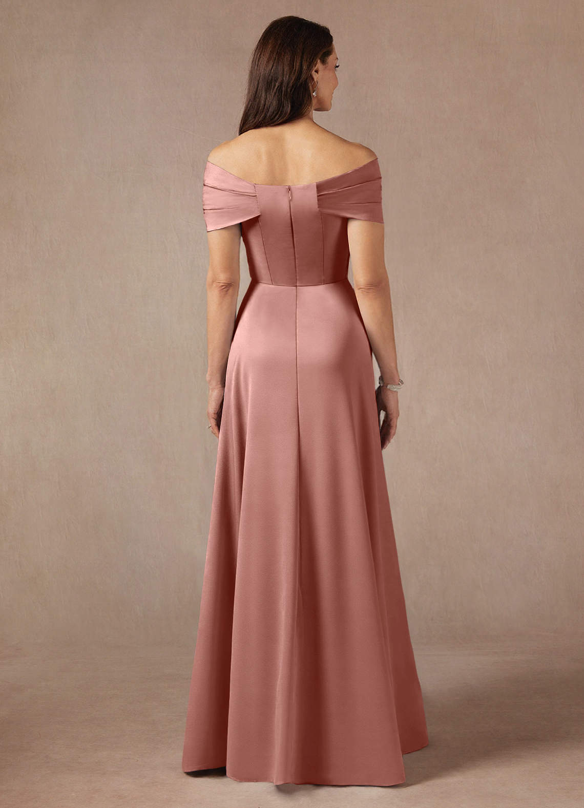 Azazie Amelia Mother of the Bride Dresses Rosette A-Line Off the Shoulder Stretch Satin Dress image5