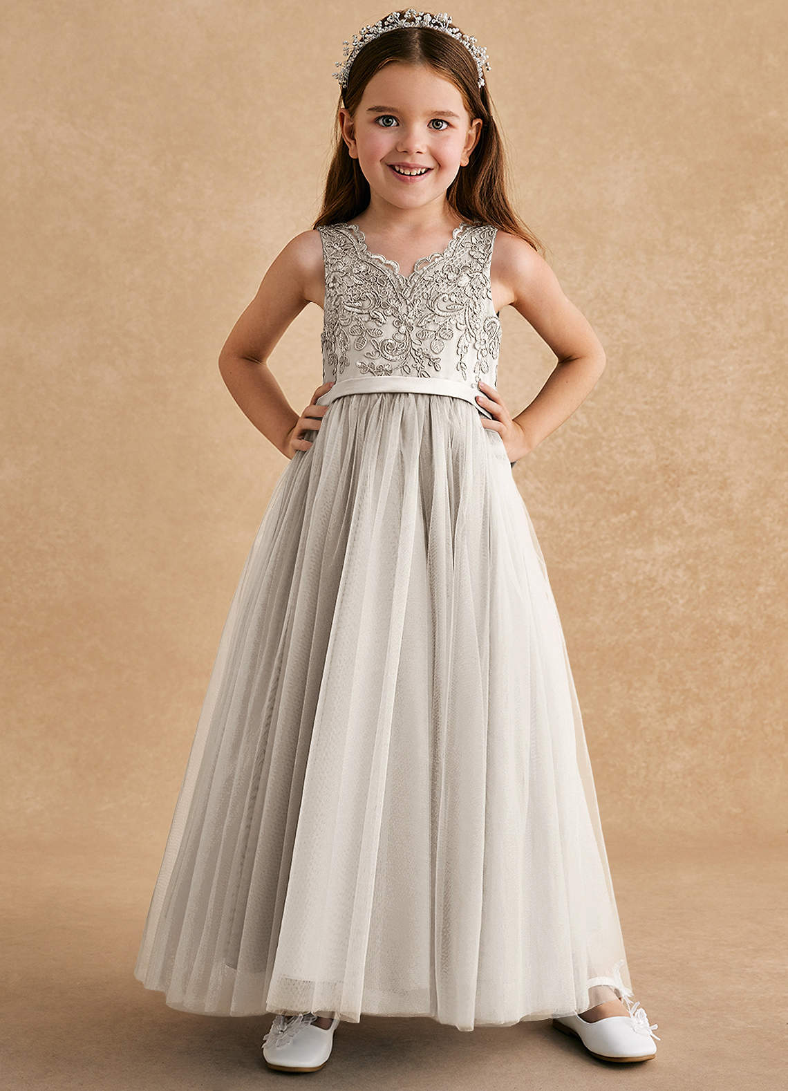 Azazie Cinna Flower Girl Dresses Frost A-Line Lace Tulle Dress image1