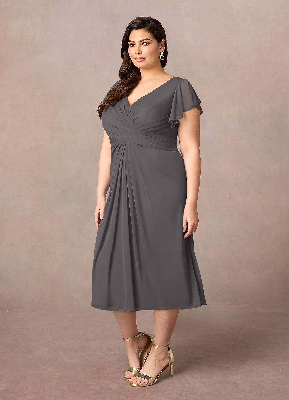 Azazie Vera Mother of the Bride Dresses Steel Grey A-Line V-Neck Pleated Mesh Dress image6