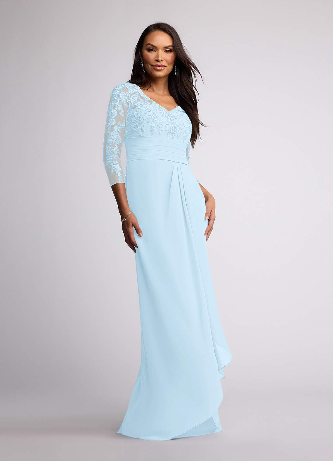 Azazie Joan Sky Blue Sheath V-Neck Lace Chiffon Dress Ready to Ship |  Azazie UK