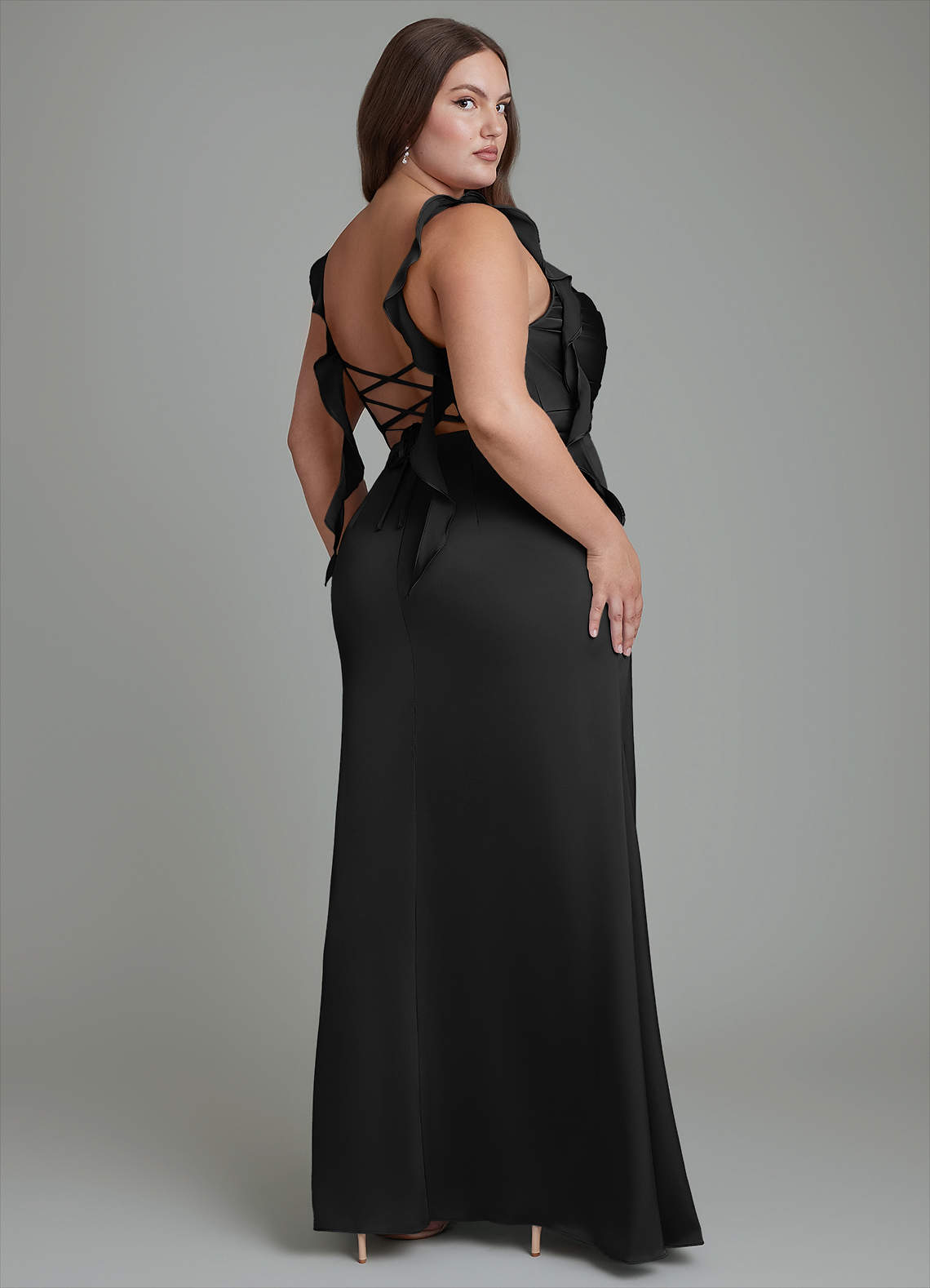 Azazie Jessamine Bridesmaid Dresses Black Sheath Corset Stretch Satin Dress image8