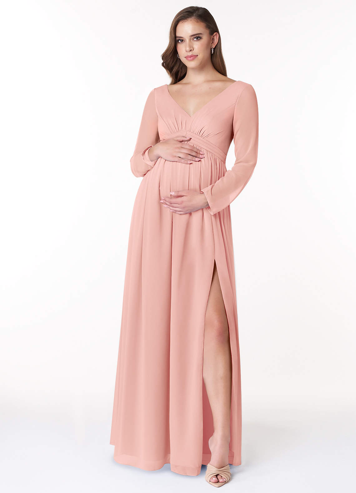 Azazie Teton Robes de demoiselle d'honneur de maternité Robe Trapèze Manche longue Longueur ras du sol Mousseline de soie image1