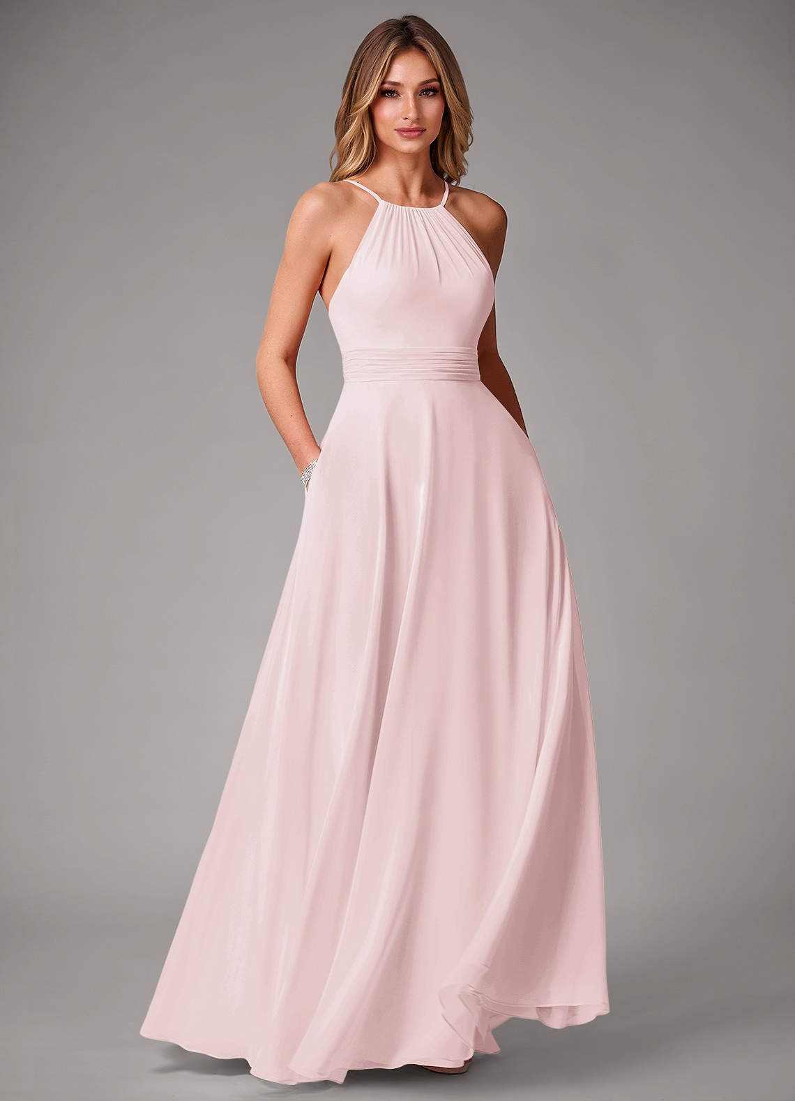 Azazie Amalia Bridesmaid Dresses Blushing Pink A-Line Pleated Chiffon Dress image1