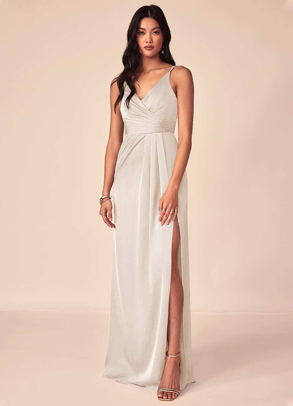 Azazie Aqua Bridesmaid Dresses White Alabaster A-Line V-Neck Pleated Stretch Satin Dress image1