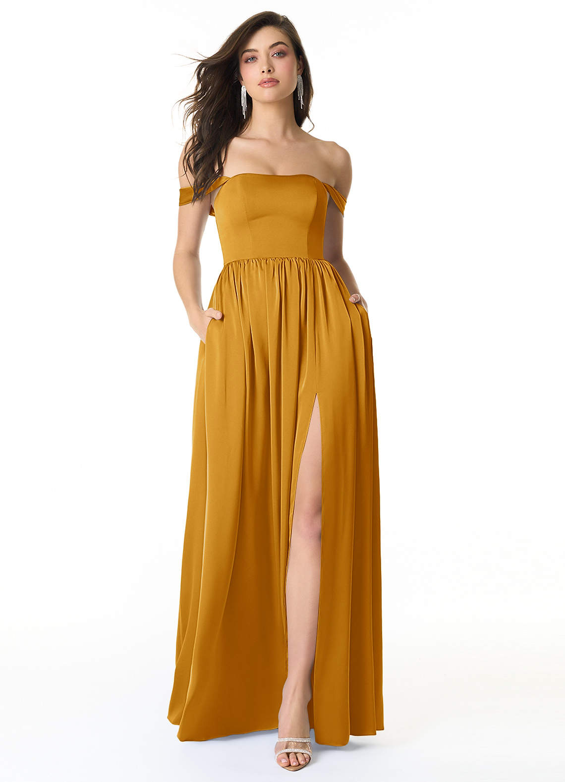 Azazie Morana Ready to Ship Butterscotch Stretch Satin Bridesmaid Dresses | Azazie Azazie Morana Ready to Ship Butterscotch Stretch Satin Bridesmaid Dresses | Azazie