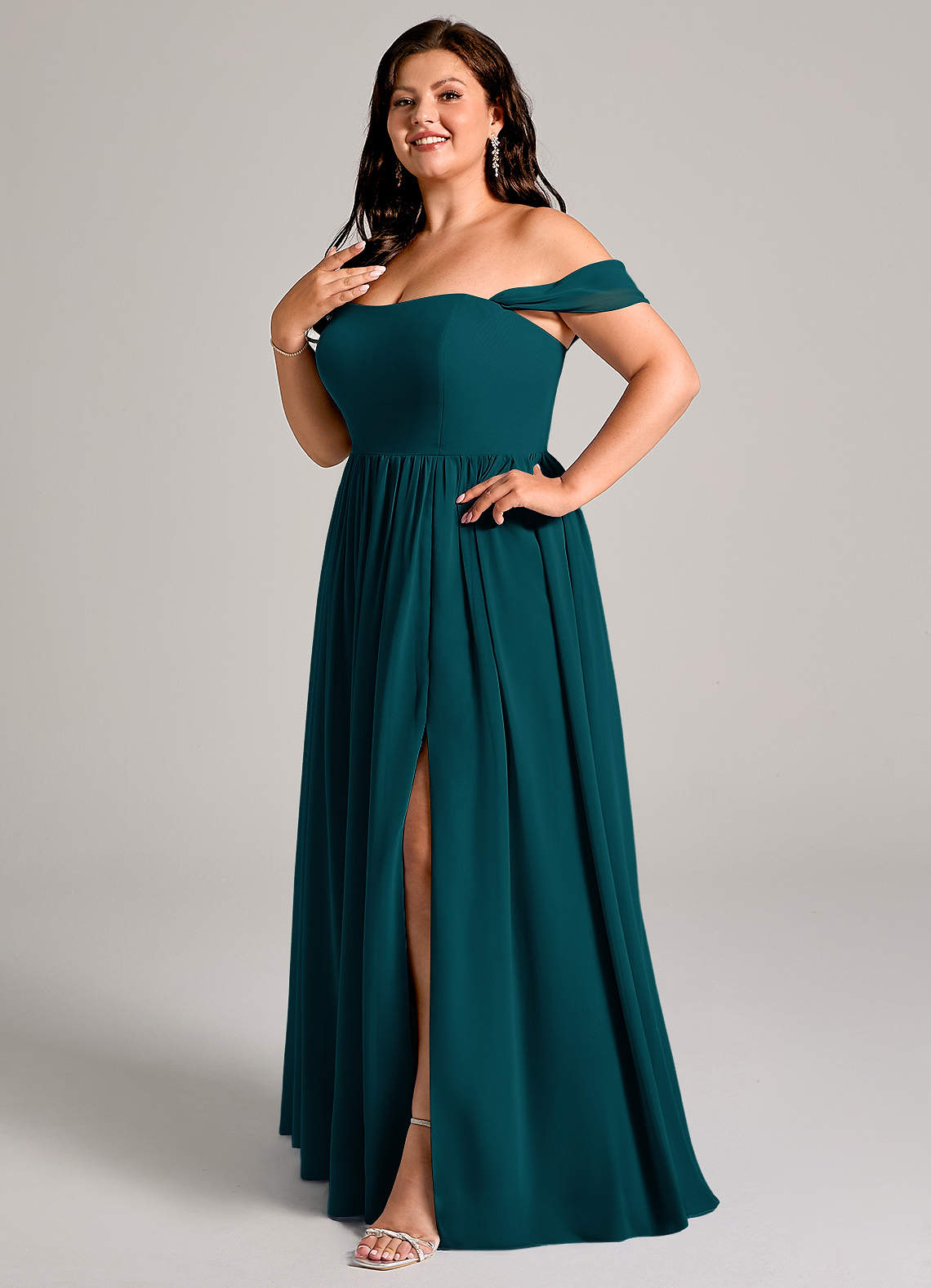 Azazie Calianna Bridesmaid Dresses Pine A-Line Off the Shoulder Chiffon Convertible Dress image1