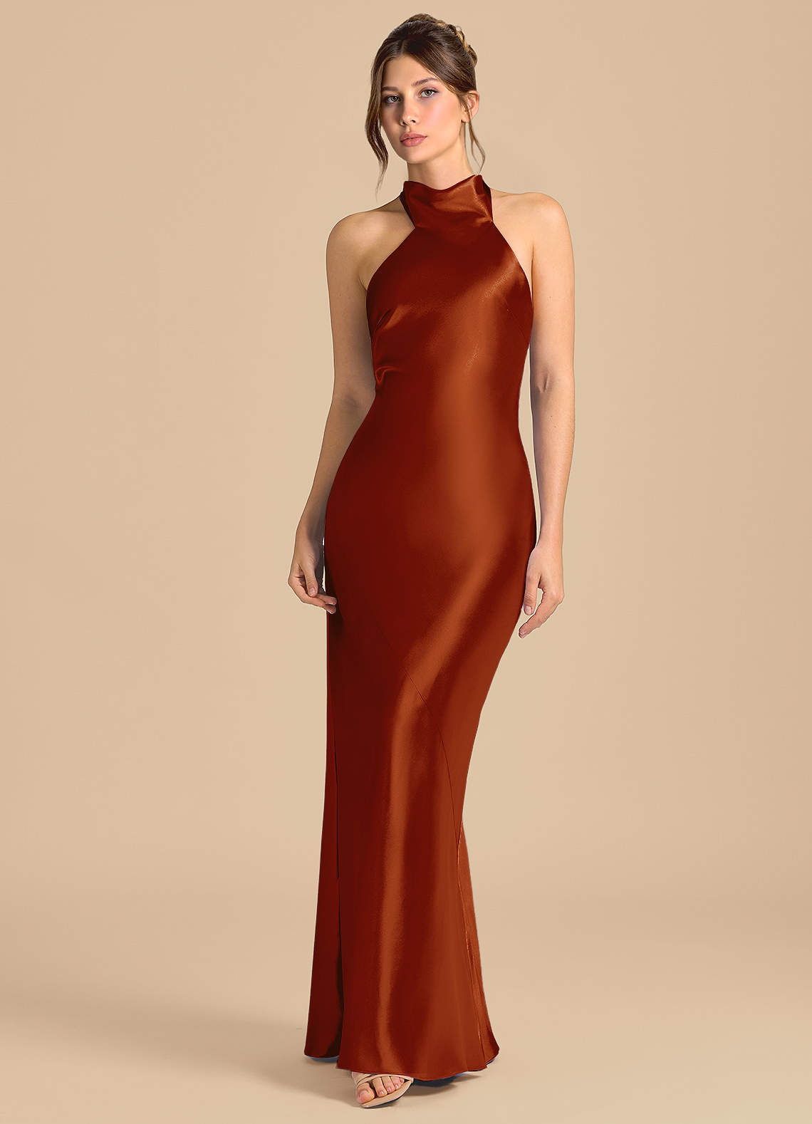 Azazie Velli Brudtärnklänningar Klä av Tubklänning i Metallisk satin Hög hals Kastanjebrunt image3