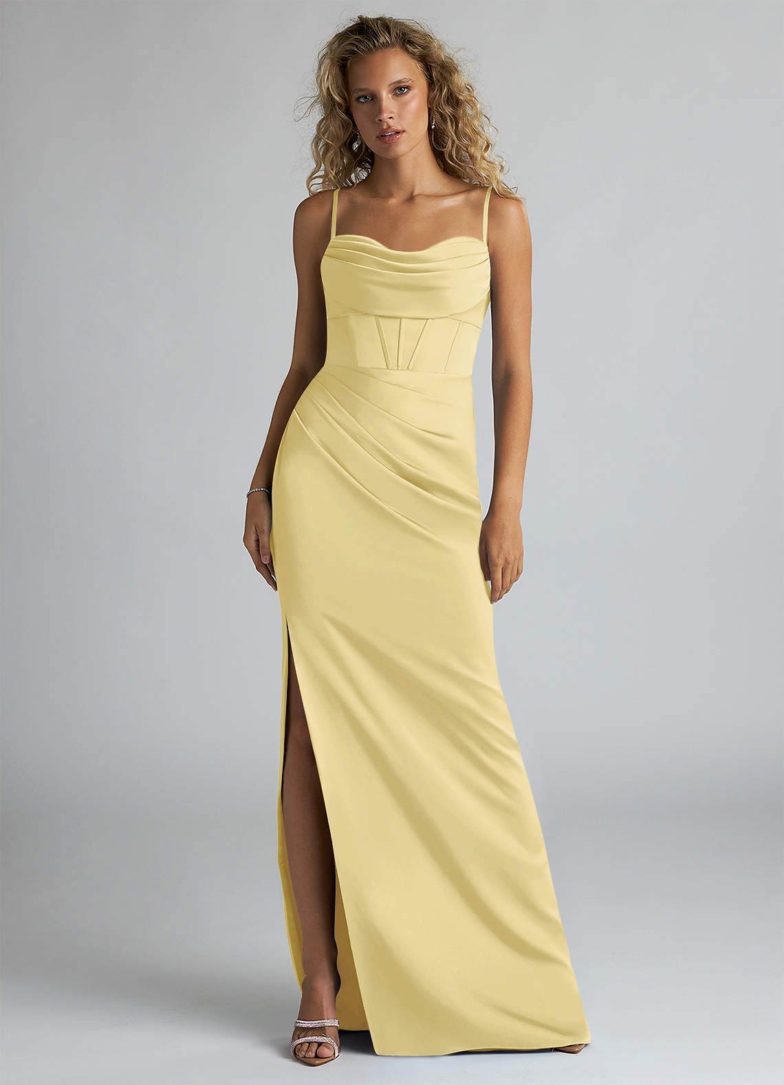 Azazie Mai Bridesmaid Dresses Lemon Sorbet Sheath Pleated Stretch Satin Dress image1
