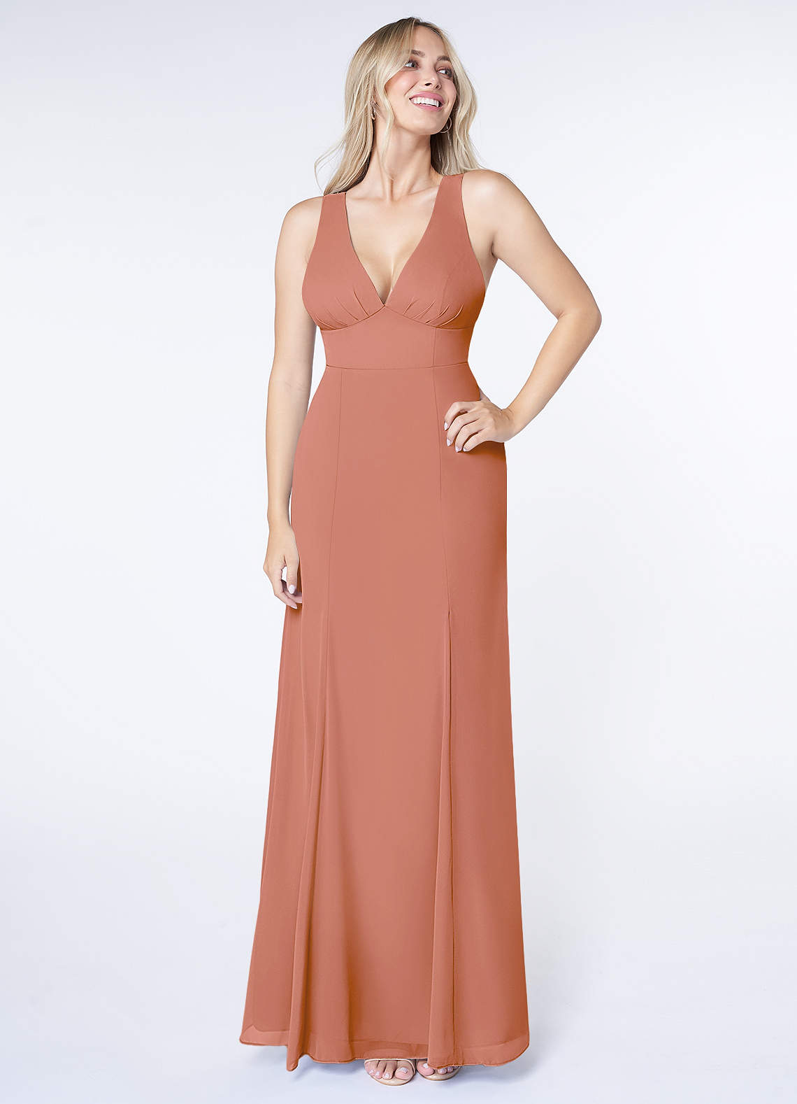Azazie Christiana Bridesmaid Dresses MAI TAI A-Line V-Neck Pleated Chiffon Dress image1