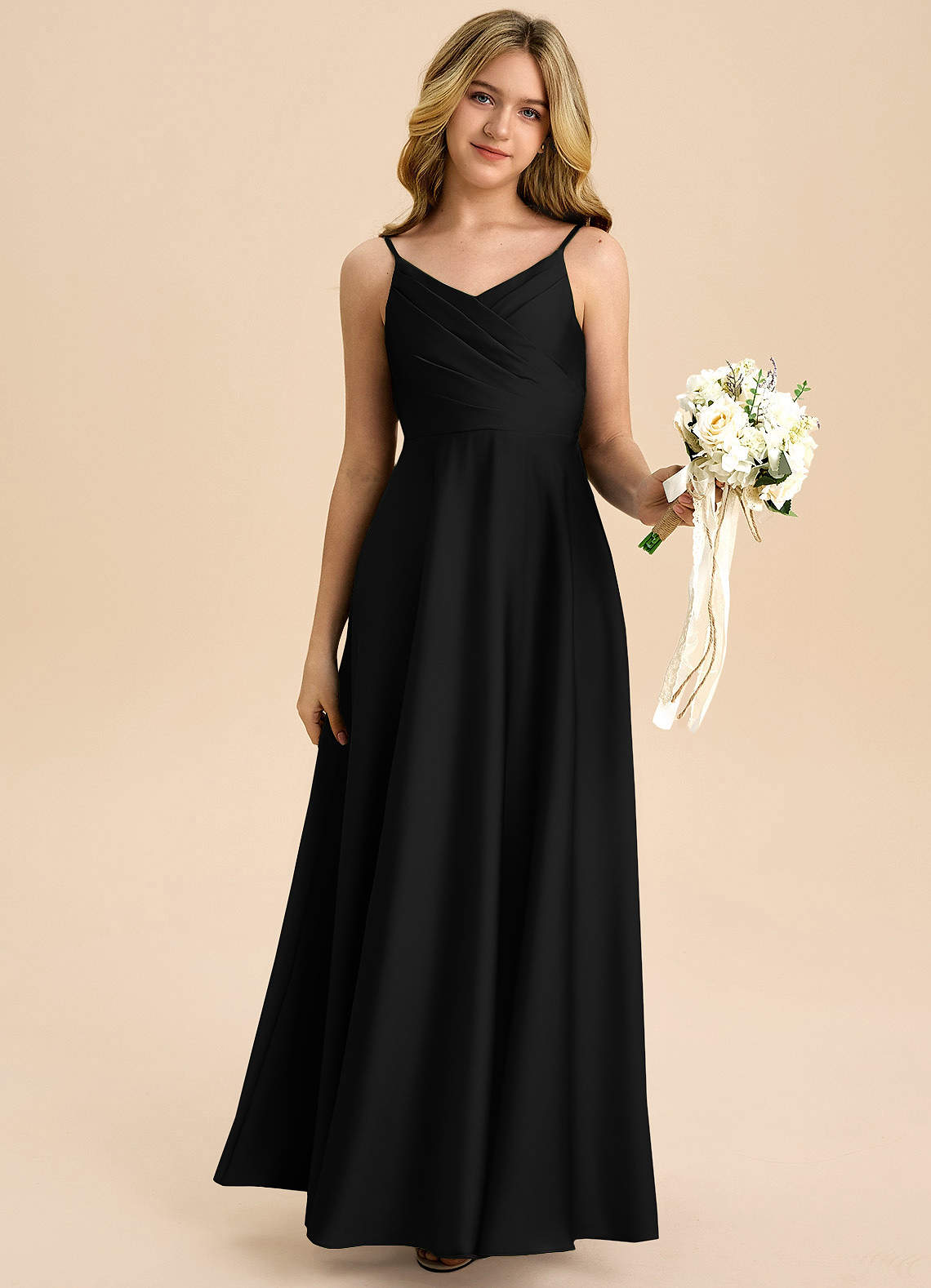 Azazie Bug Junior Robe Trapèze en Satin extensible Plissée Noir image5