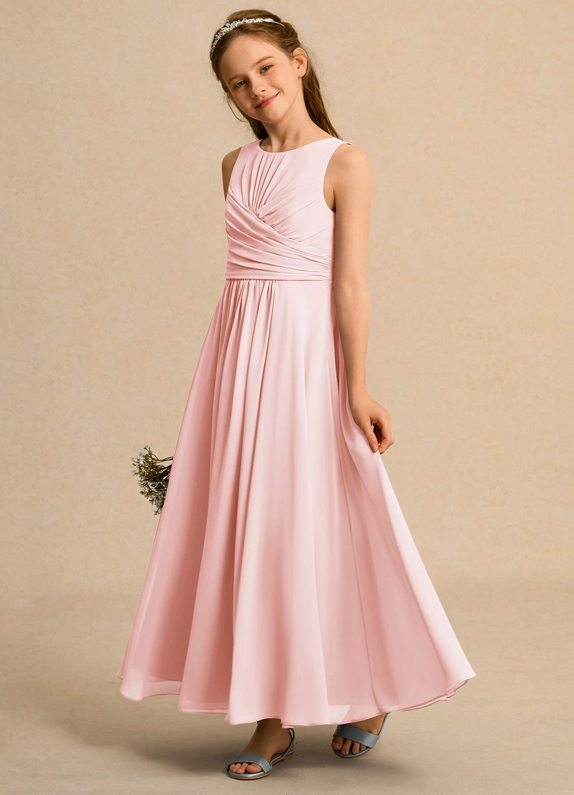 Azazie Ducky Girls Formal Sukienki dla dziewczynek sypiących kwiaty Linia A Pofałdowany Szyfon Długość kostki Sukienka image4