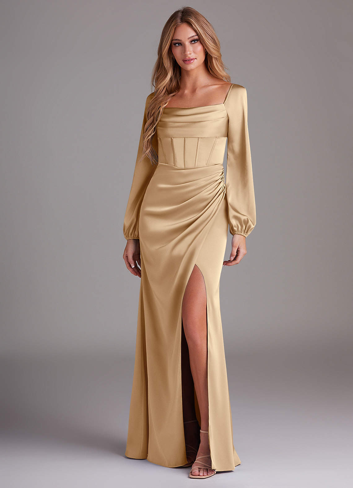 Azazie Sheath Cowl Long Sleeve Floor-Length Stretch Satin Bridesmaid Dresses - Champagne