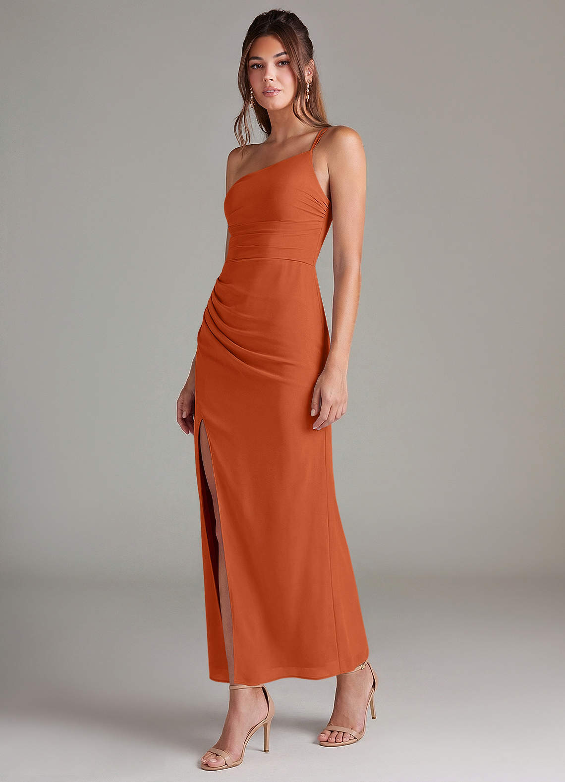 Azazie Eren Robes de demoiselle d'honneur Robe Sirène en Mousseline de soie Une épaule Orange Brûlée image4