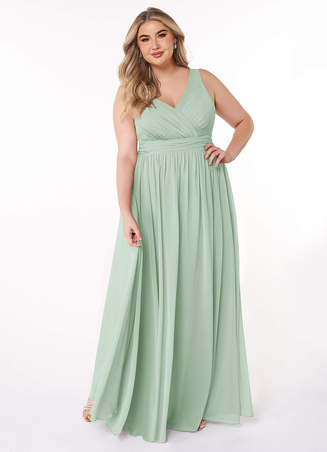 Azazie Kora Bridesmaid Dresses Agave A-Line Pleated Chiffon Dress image1